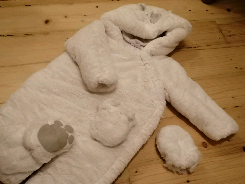 white fluffy snowsuit